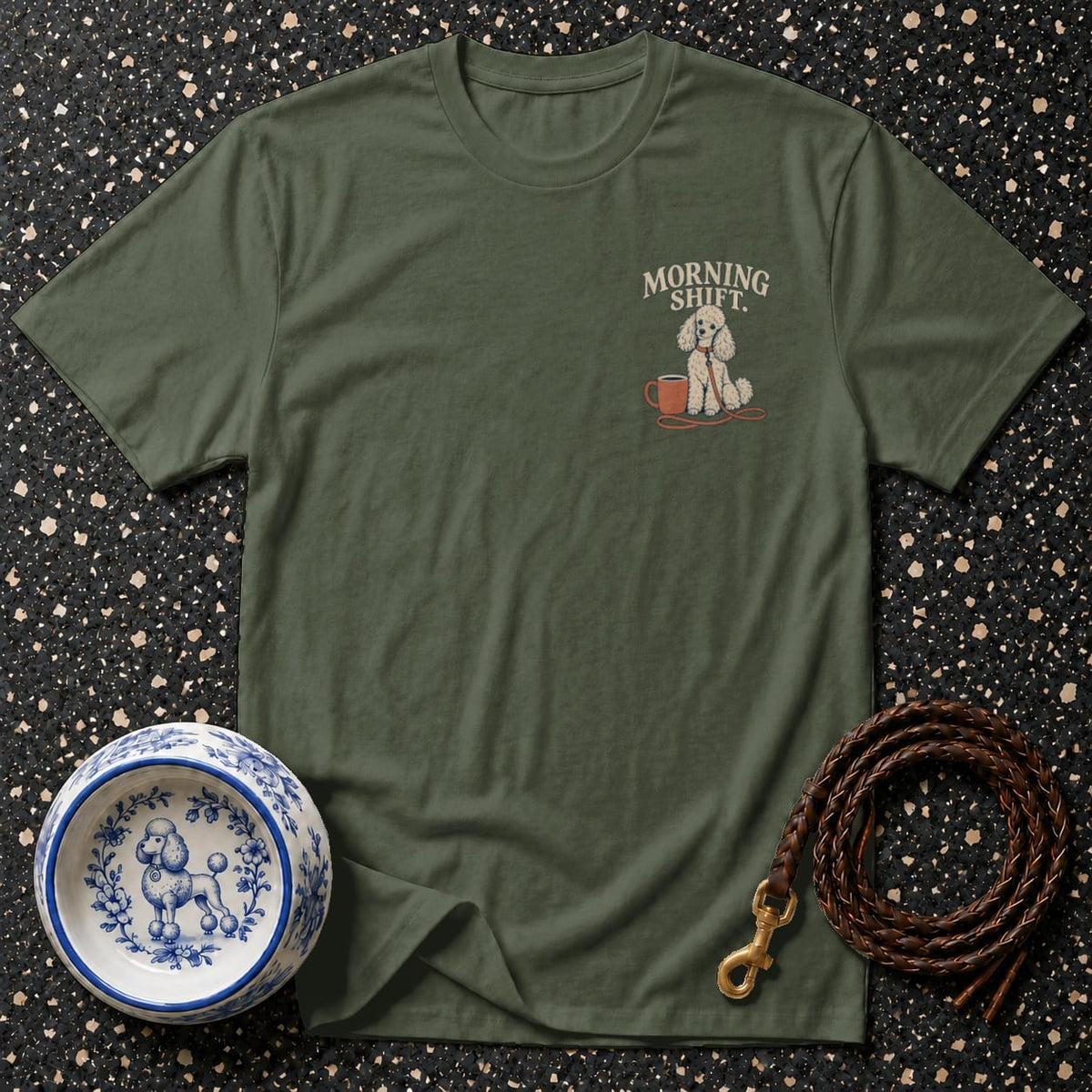 Olive green t-shirt with poodle graphic and text "Morning Shift."