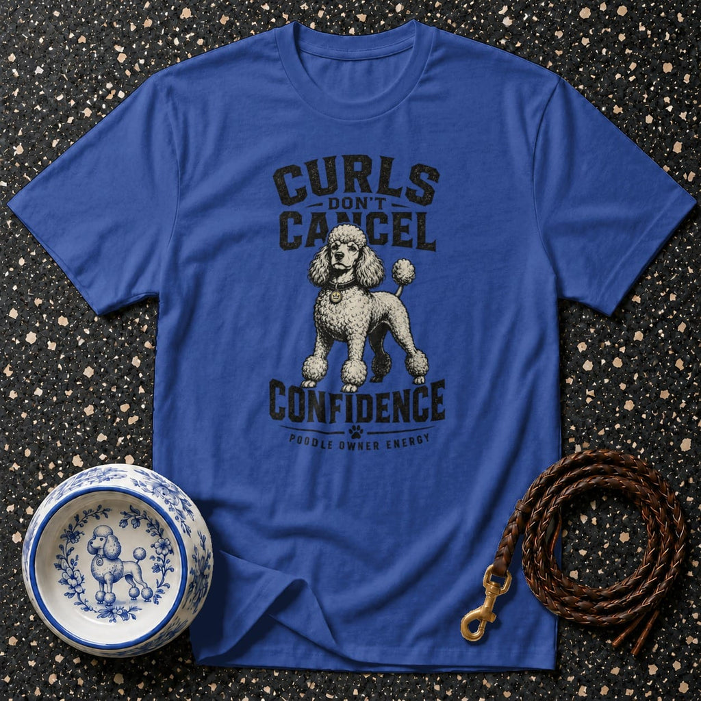 Blue t-shirt with white poodle graphic and text "Curls Don't Cancel Confidence".