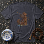 Dark grey t-shirt featuring a brown poodle illustration with autumn leaves.