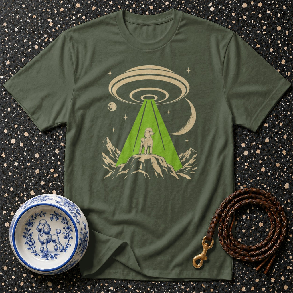 Olive green t-shirt with a poodle on a mountain under a UFO beam.