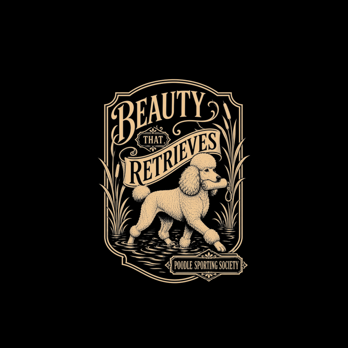 Poodle retrieving a dummy in water with "Beauty That Retrieves" text.