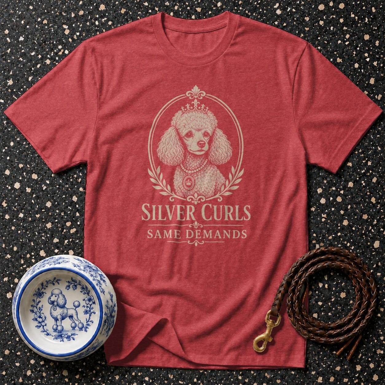 Red t-shirt with poodle crown graphic and "Silver Curls Same Demands" text.