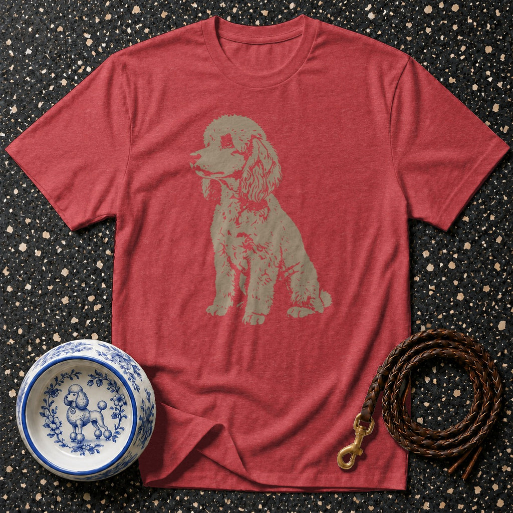 Red t-shirt with poodle graphic, blue and white dog bowl, and leather leash.