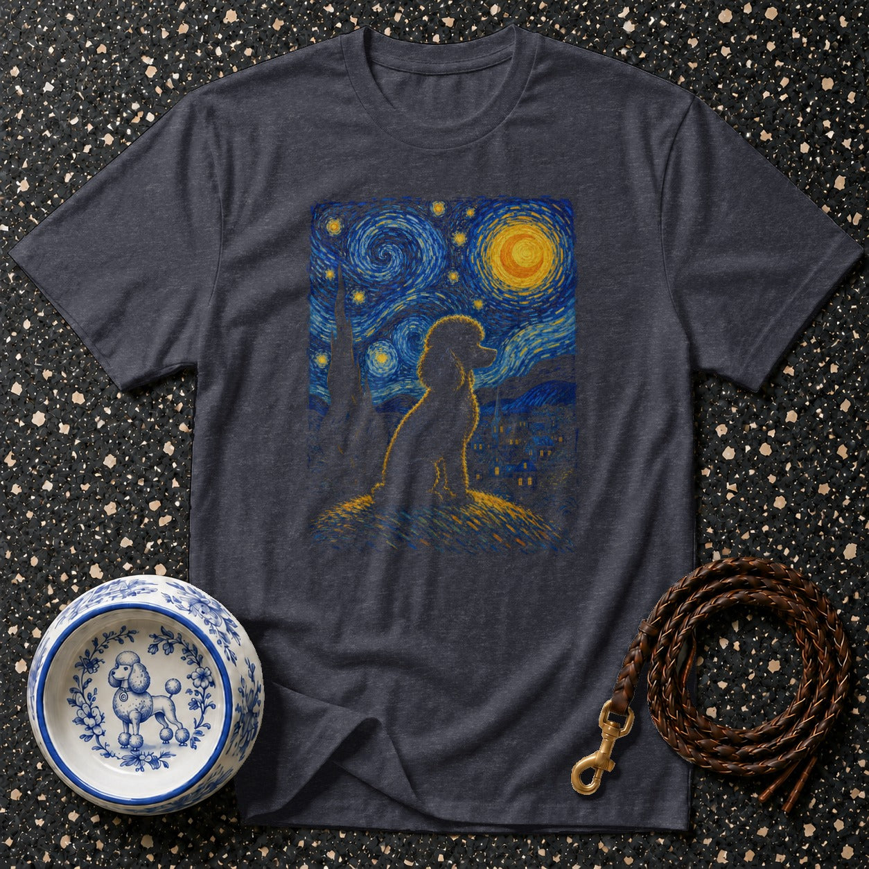 Dark grey t-shirt with a poodle silhouette on a starry night scene.