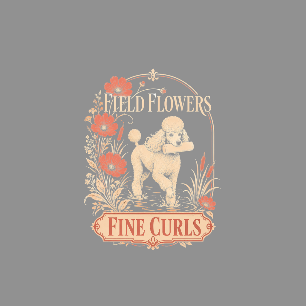 Poodle carrying a scroll in field flowers, "Field Flowers Fine Curls" text.