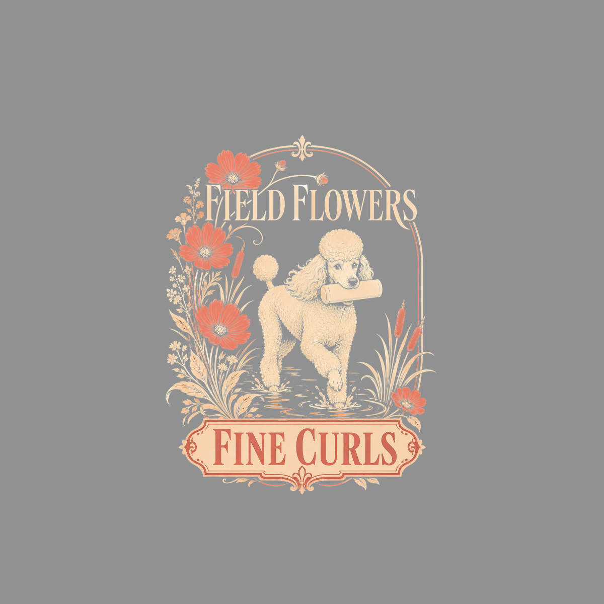 Poodle carrying a scroll in field flowers, "Field Flowers Fine Curls" text.