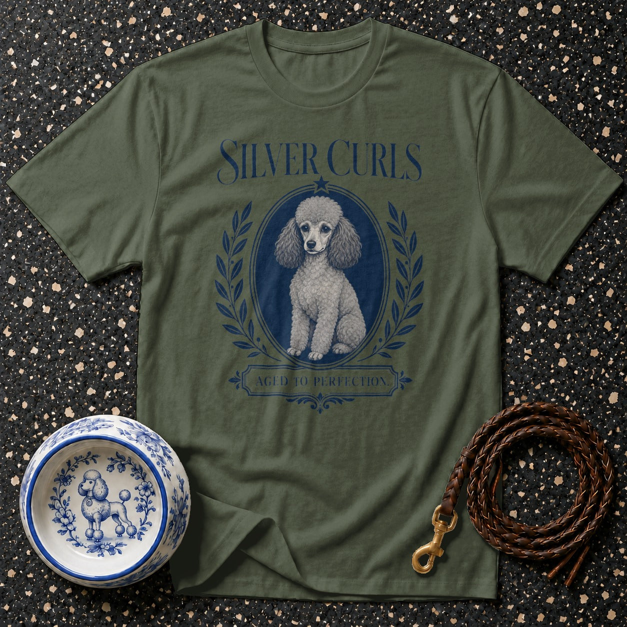 Olive green t-shirt with "Silver Curls" and a poodle illustration.