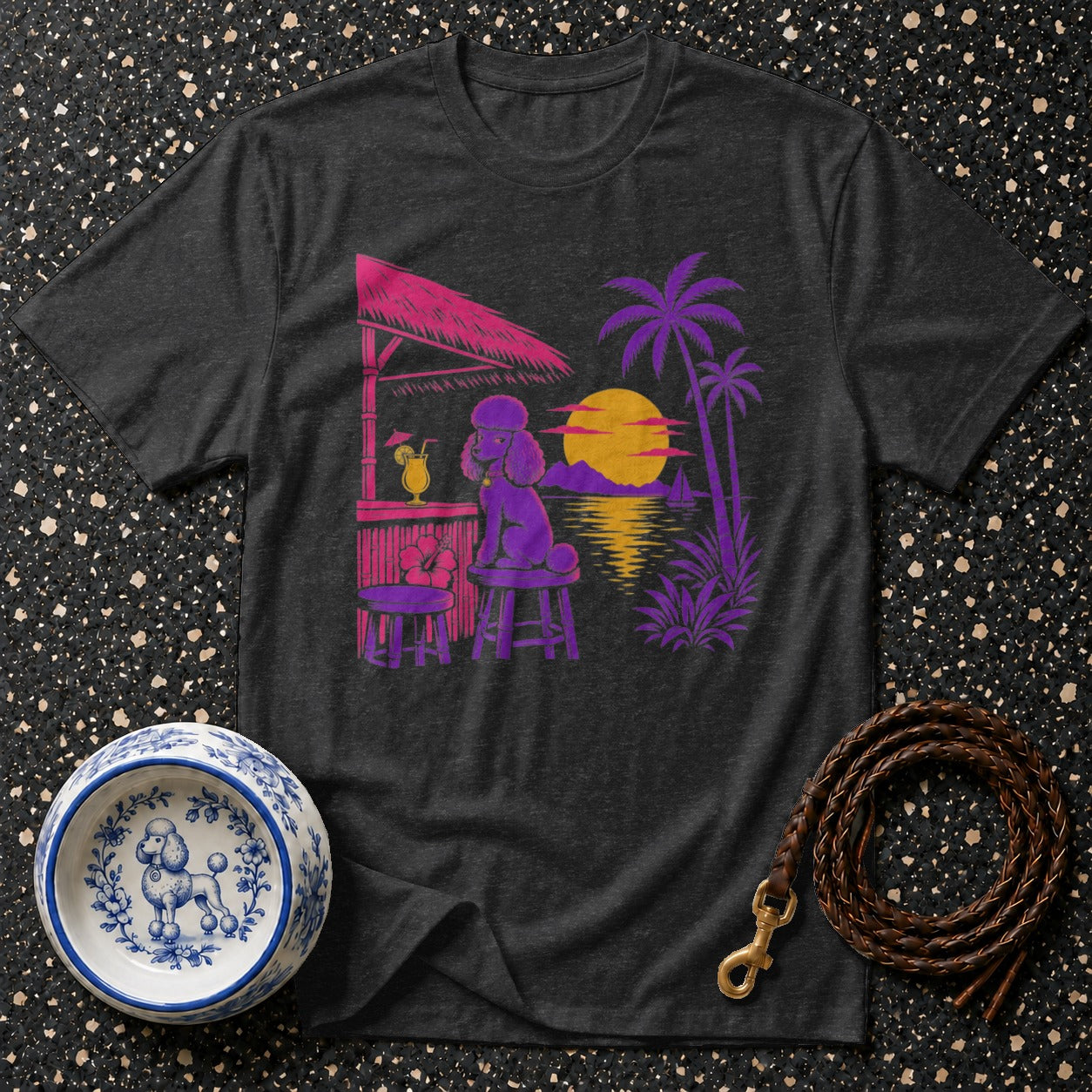 Dark t-shirt with a purple poodle at a tiki bar with a sunset scene.