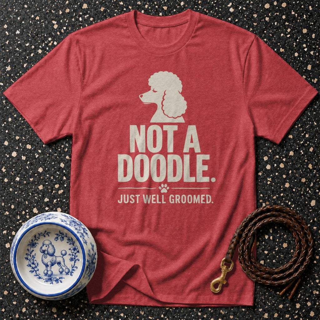Red t-shirt with white text "NOT A DOODLE. JUST WELL GROOMED." and a poodle.