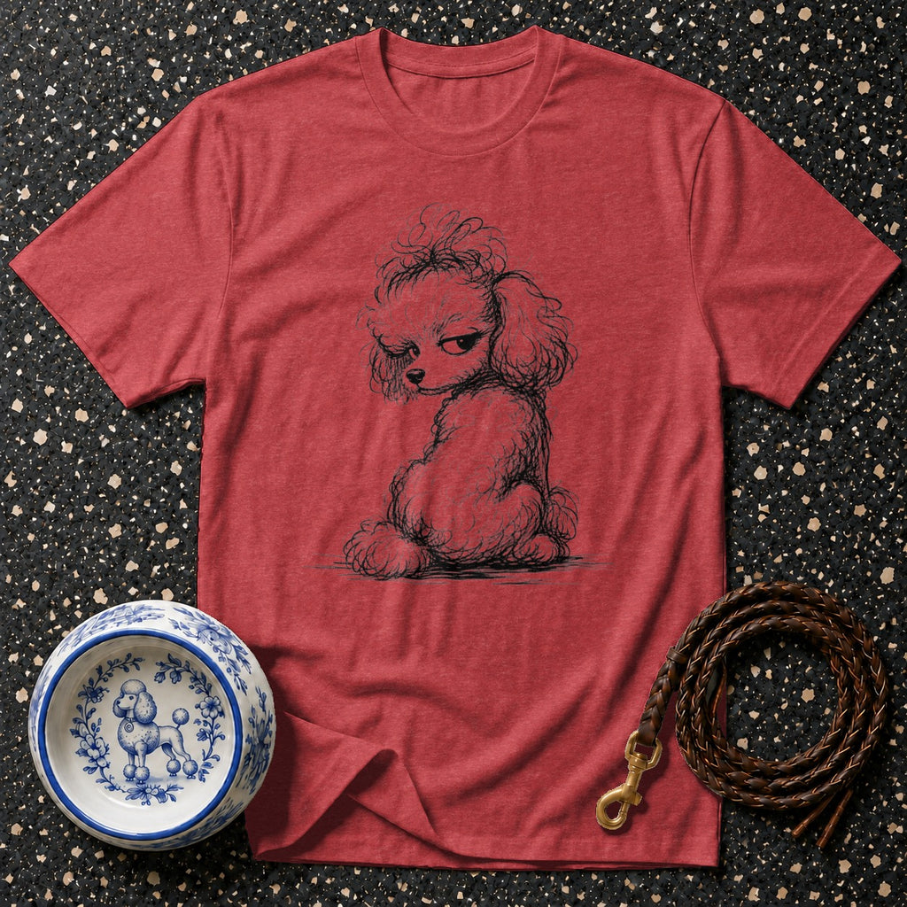 Red t-shirt with a black sketch of a poodle and a blue and white dog bowl.
