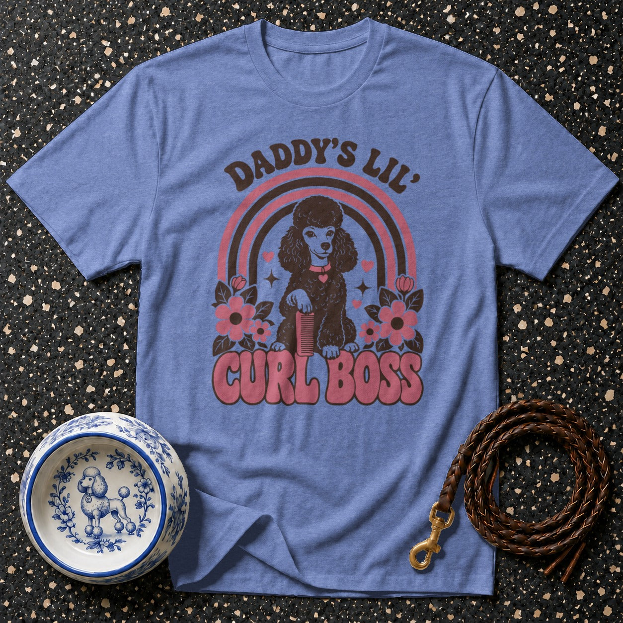 Blue t-shirt with "Daddy's Lil' Curl Boss" text and poodle graphic.