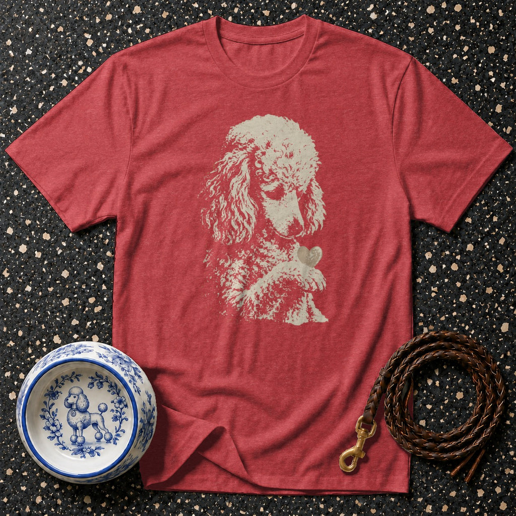 Red t-shirt with poodle graphic, pet bowl, and leather leash on speckled background.
