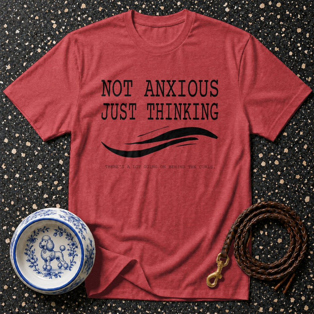 Red t-shirt with black text reading "NOT ANXIOUS JUST THINKING" and a poodle graphic.