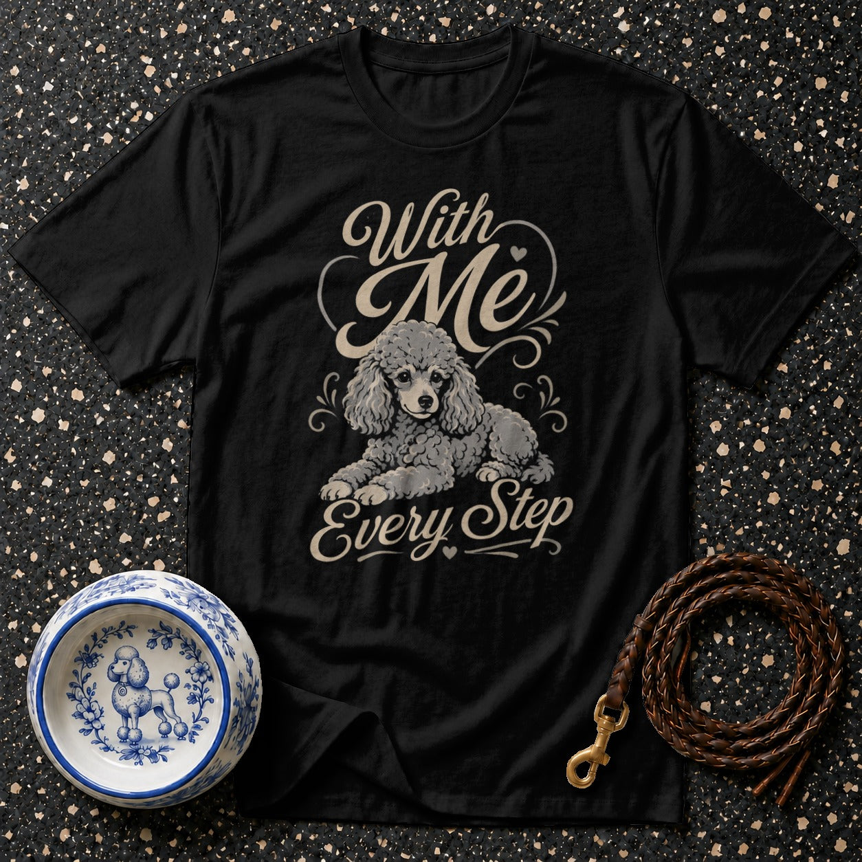 Black t-shirt with poodle graphic and text "With Me Every Step".