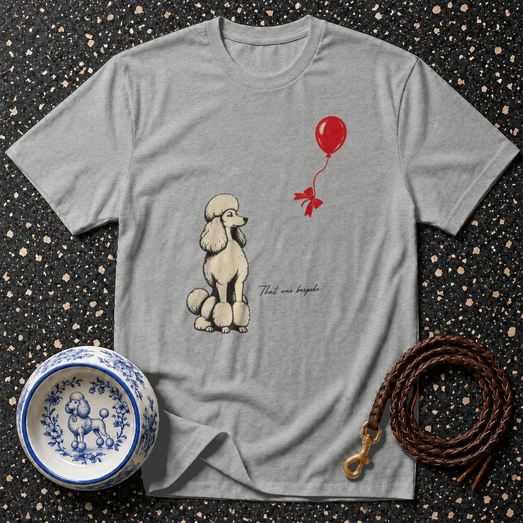 Grey t-shirt with illustration of a poodle and a red balloon.