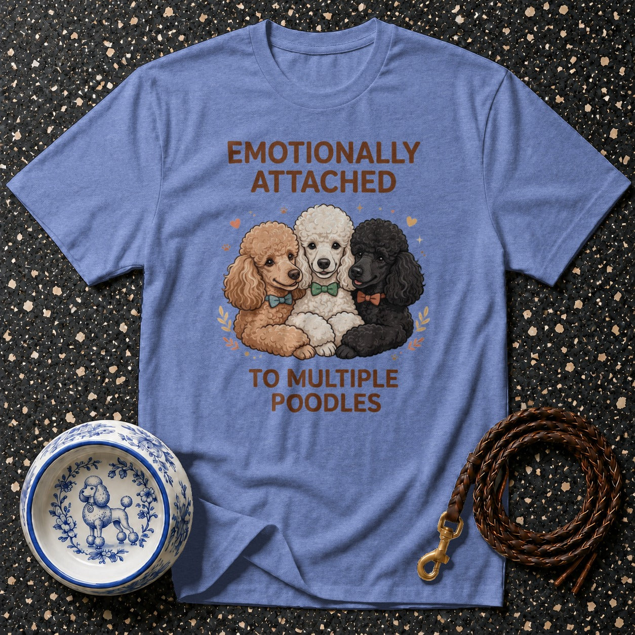 Blue t-shirt with three poodles and text "Emotionally Attached to Multiple Poodles."