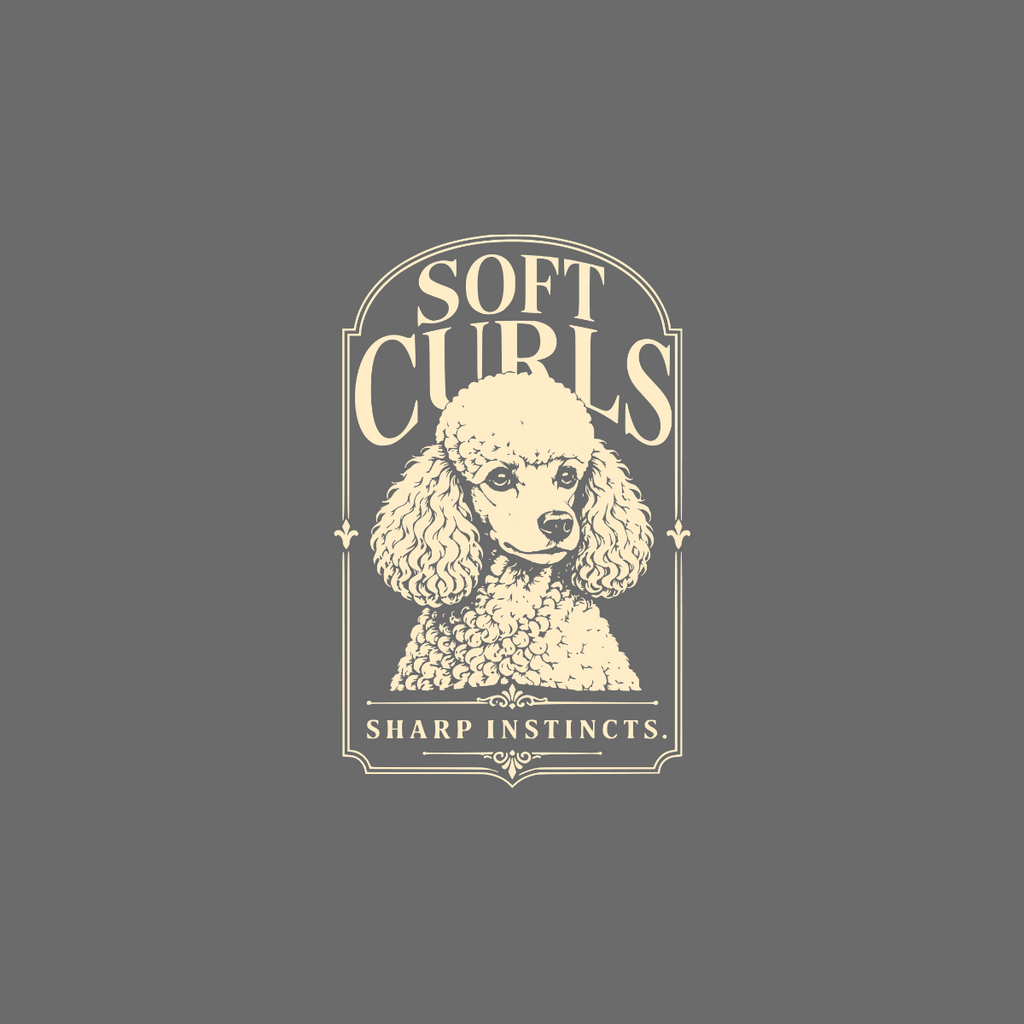Logo with poodle, "Soft Curls," and "Sharp Instincts."