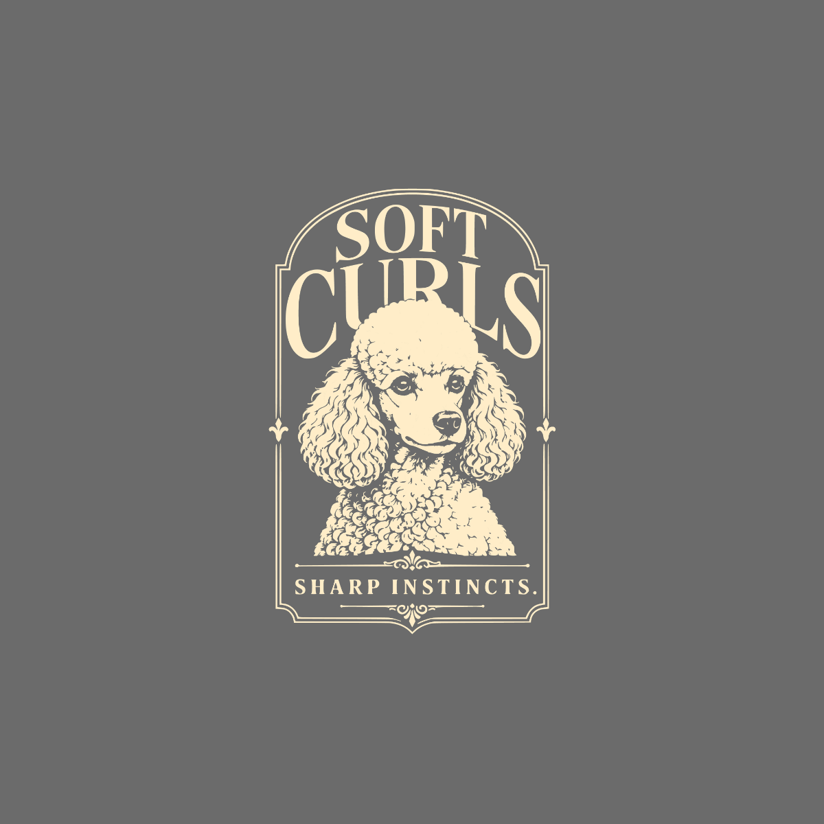 Logo with poodle, "Soft Curls," and "Sharp Instincts."
