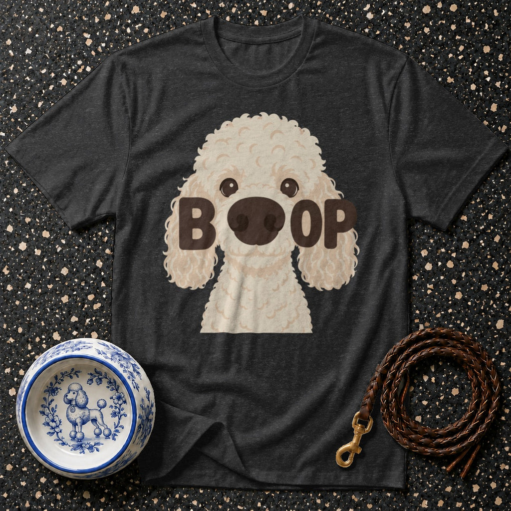 Dark t-shirt with a cream poodle graphic and "BOOP" text.
