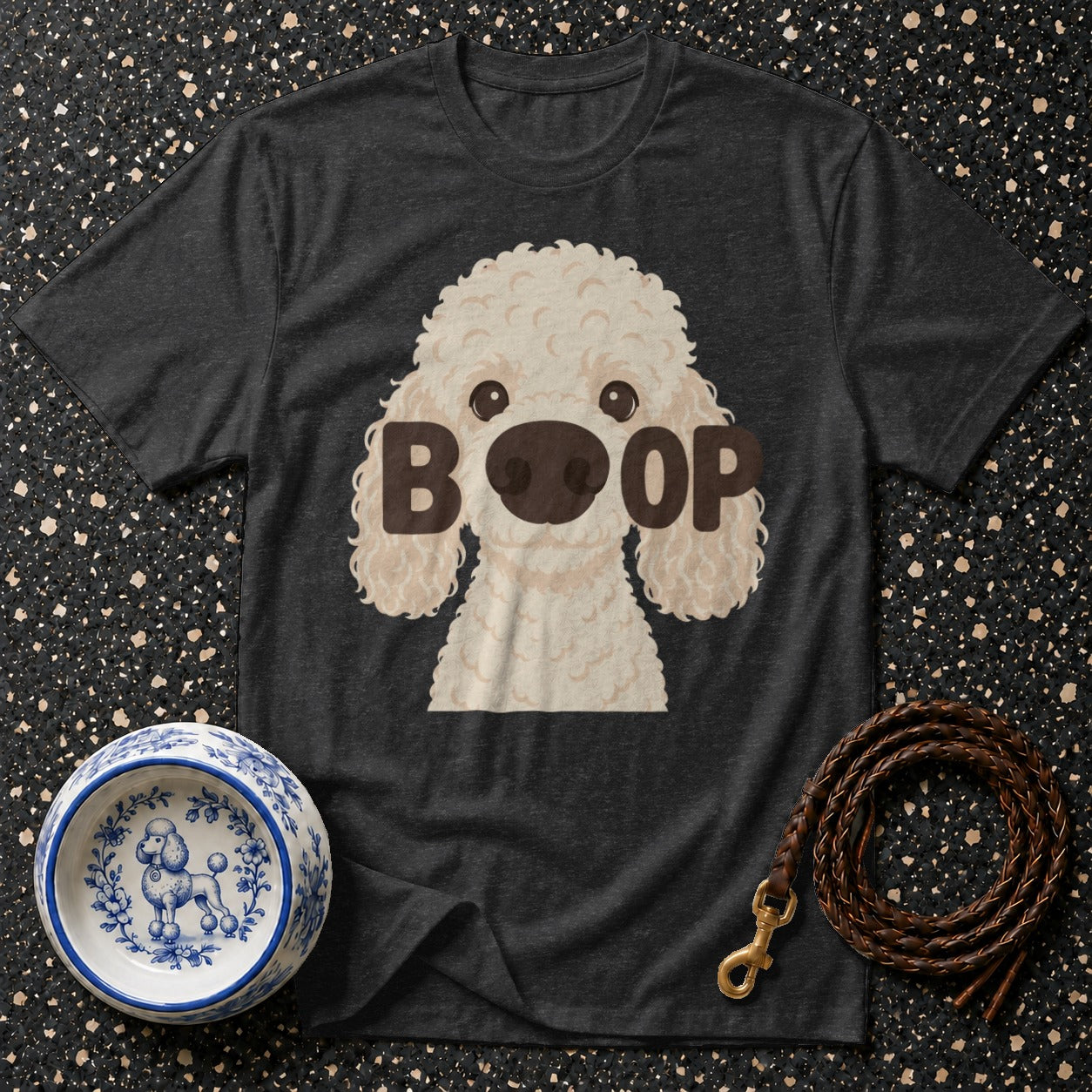Dark t-shirt with a cream poodle graphic and "BOOP" text.