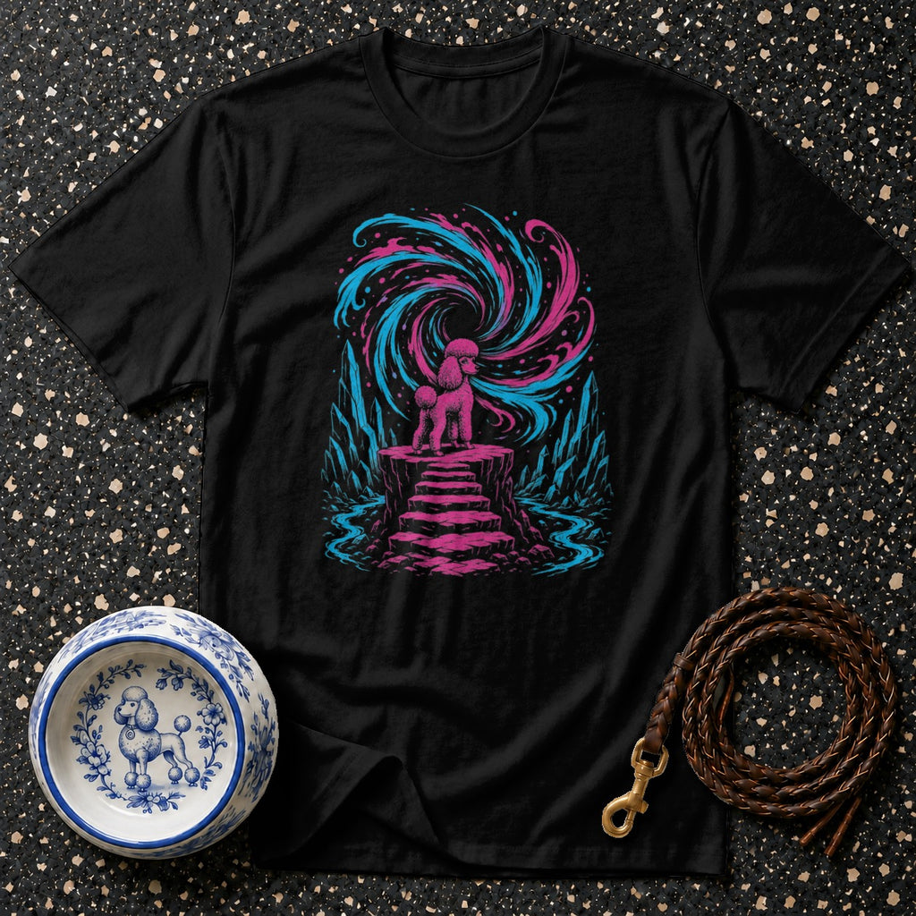 Black t-shirt with poodle on rocky platform under swirling pink and blue galaxy.