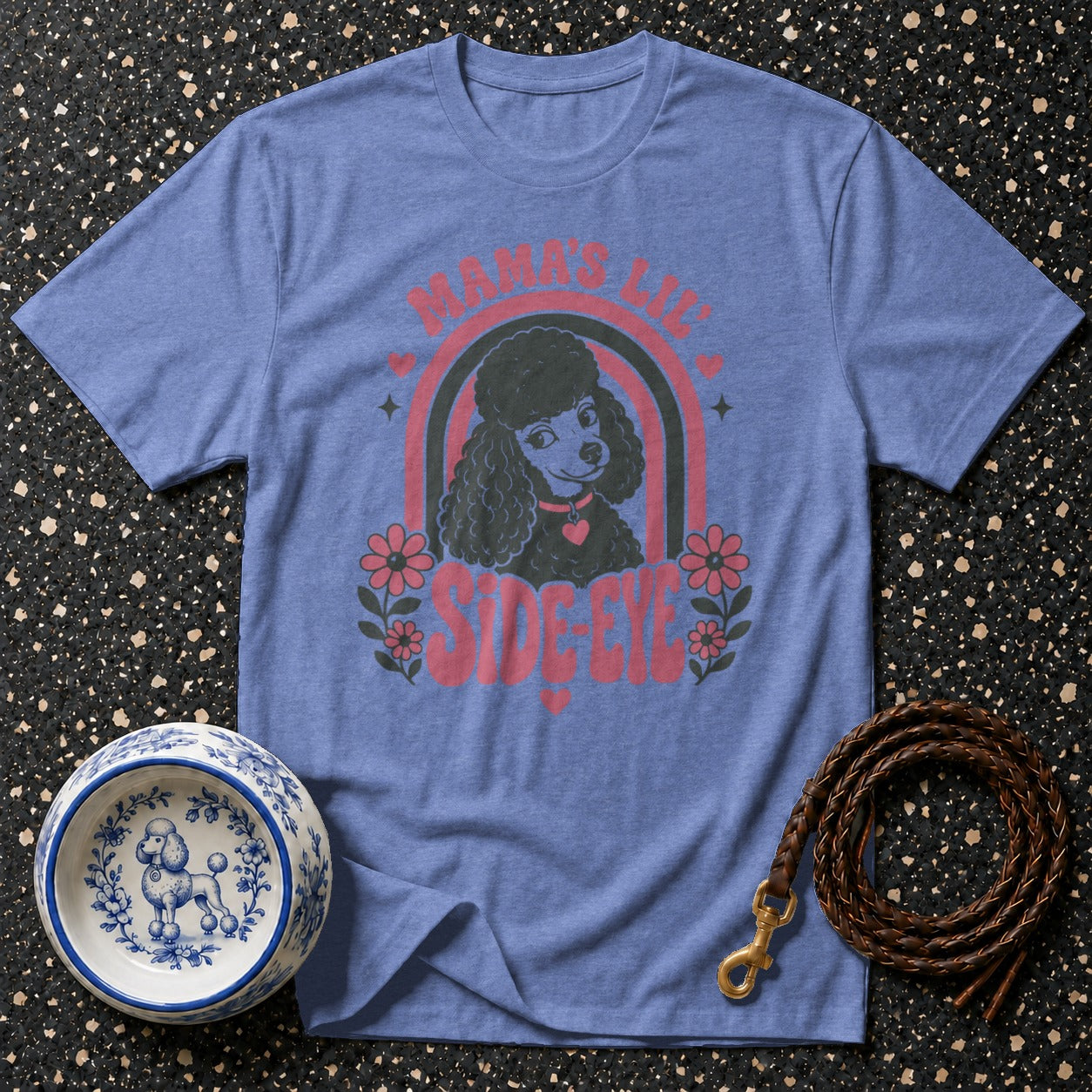 Blue t-shirt with poodle graphic and text "MAMA'S LIL SIDE-EYE".