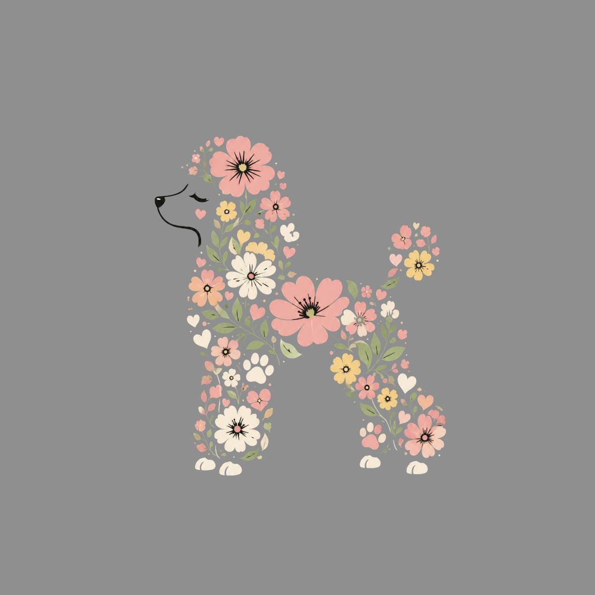 Poodle silhouette formed by pastel flowers, leaves, and hearts.