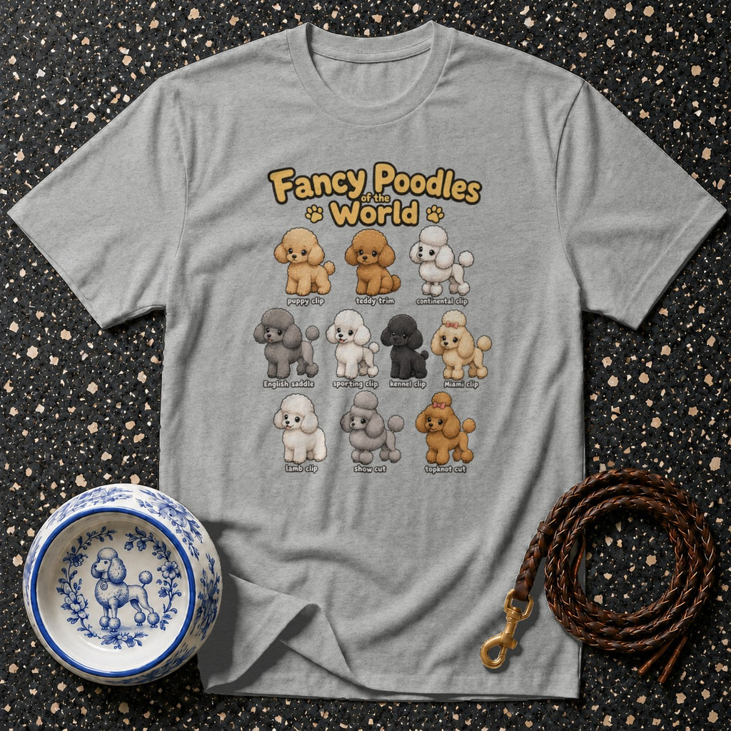 Grey t-shirt with "Fancy Poodles of the World" graphic and poodle clip styles.