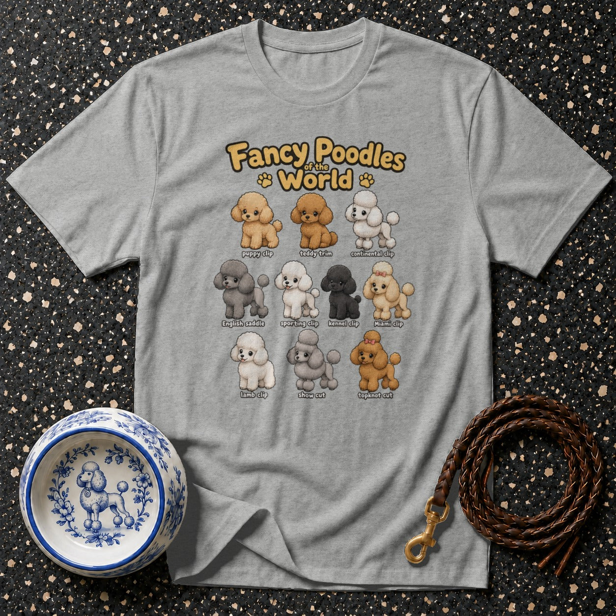 Grey t-shirt with "Fancy Poodles of the World" graphic and poodle clip styles.