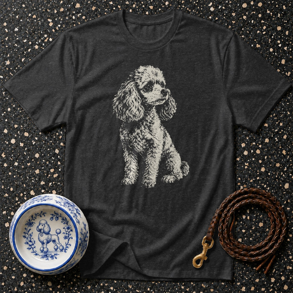 Dark grey t-shirt with distressed poodle graphic, blue and white poodle bowl, and braided leather leash.