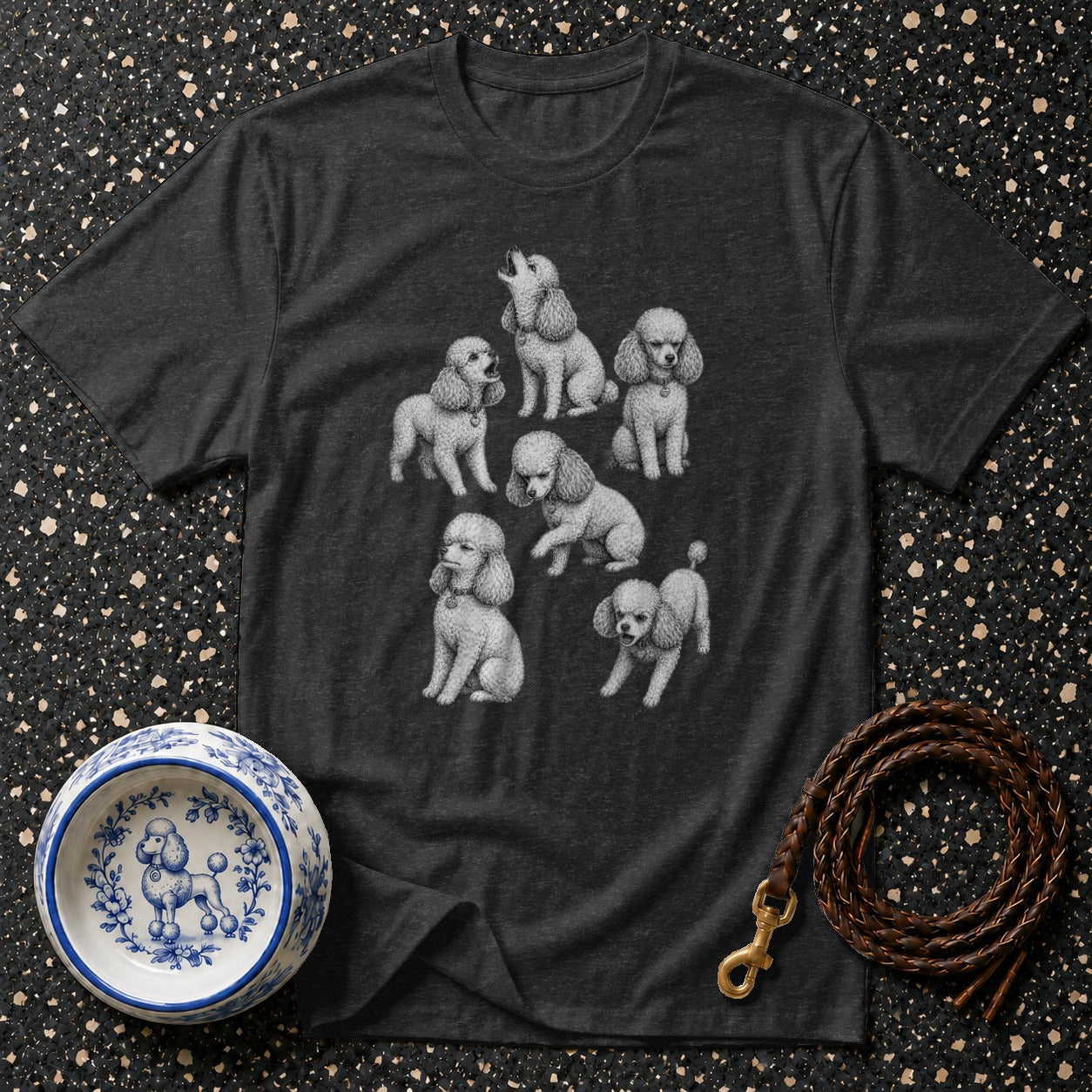 Dark grey t-shirt with a vintage illustration of six poodles in various poses.