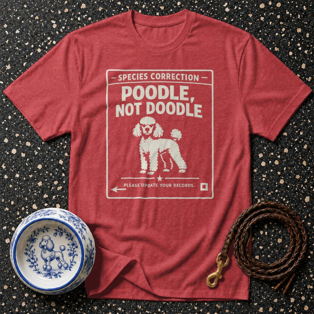 Red t-shirt with "Poodle, Not Doodle" text and poodle graphic.