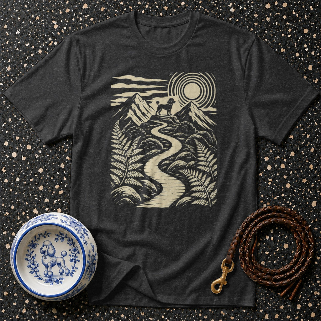 Dark grey t-shirt with a graphic of a poodle on a mountain path.