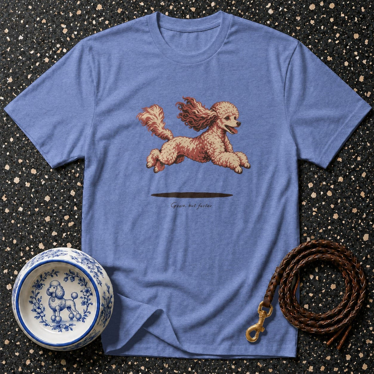 Blue t-shirt with running poodle graphic and text "Grace, but faster."