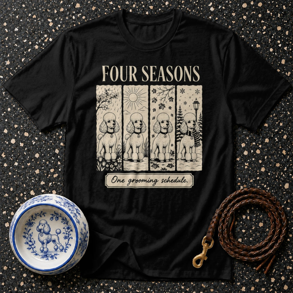 Black t-shirt with "FOUR SEASONS" and four poodles in seasonal illustrations.