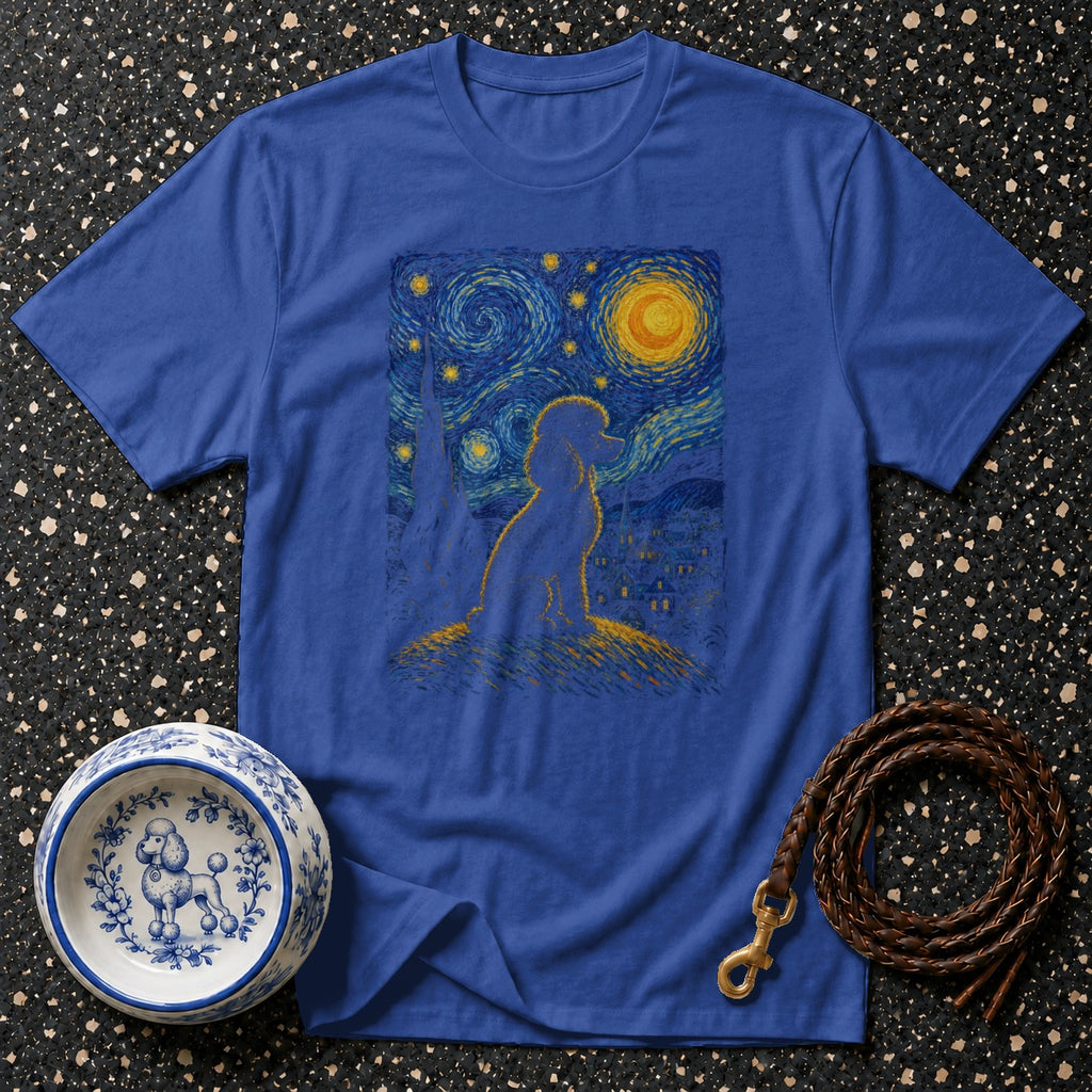 Blue t-shirt with poodle silhouette in starry night scene, dog bowl, and leash.