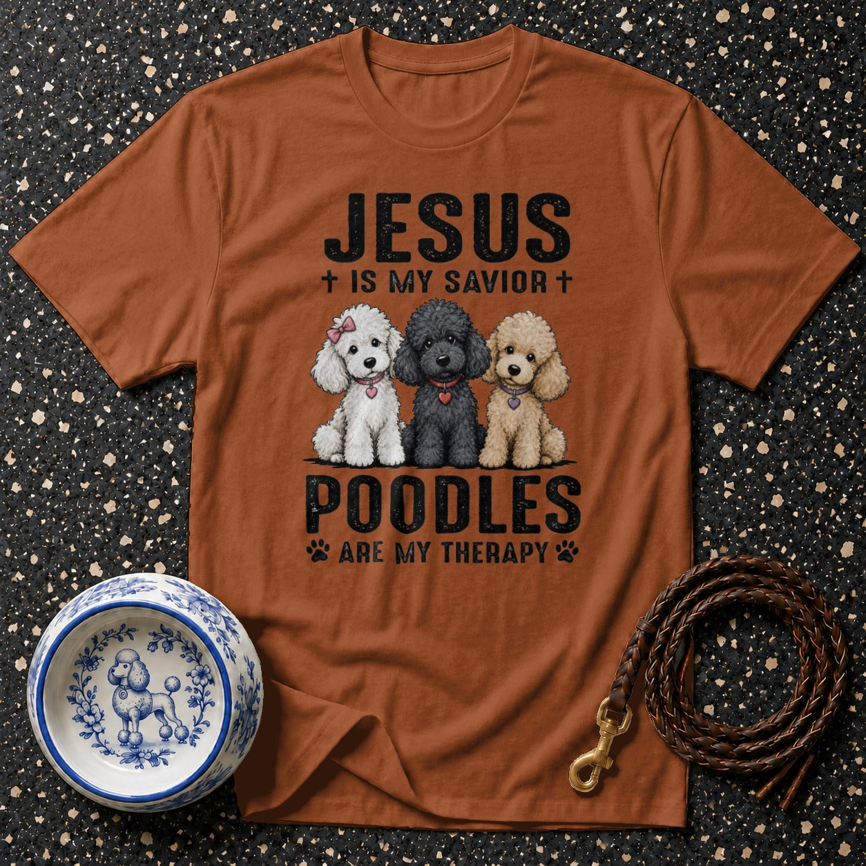 Brown t-shirt featuring three poodles and text "JESUS IS MY SAVIOR" and "POODLES ARE MY THERAPY".