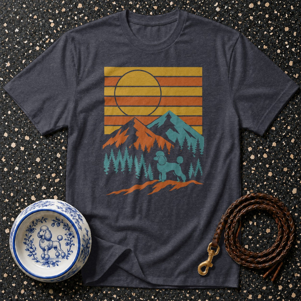T-shirt with retro sunset mountain design and poodle graphic.