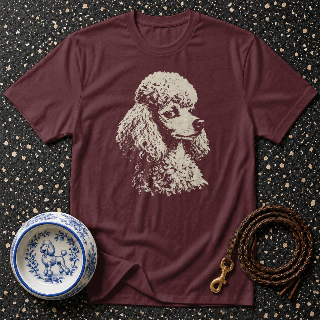 Maroon t-shirt with a cream poodle graphic and decorative dog bowl.