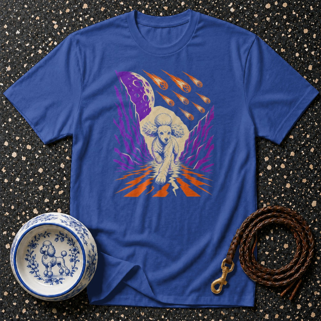 Blue t-shirt with a poodle running under a meteor shower.