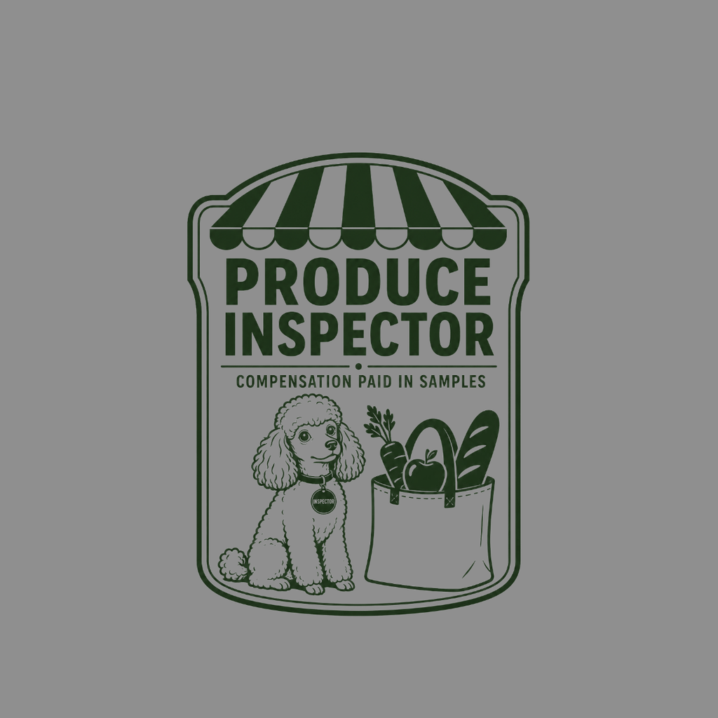 A poodle wears an "Inspector" tag next to a shopping bag filled with produce.