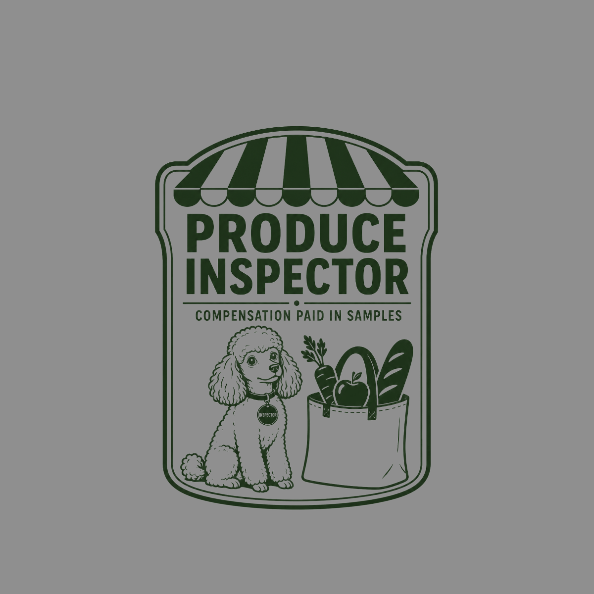 A poodle wears an "Inspector" tag next to a shopping bag filled with produce.