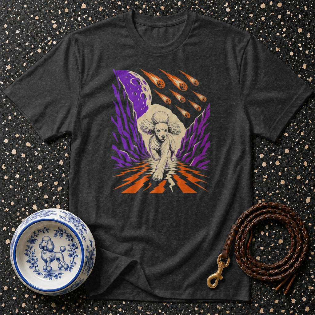 T-shirt with poodle graphic, purple and orange streaks, meteors, and moon.