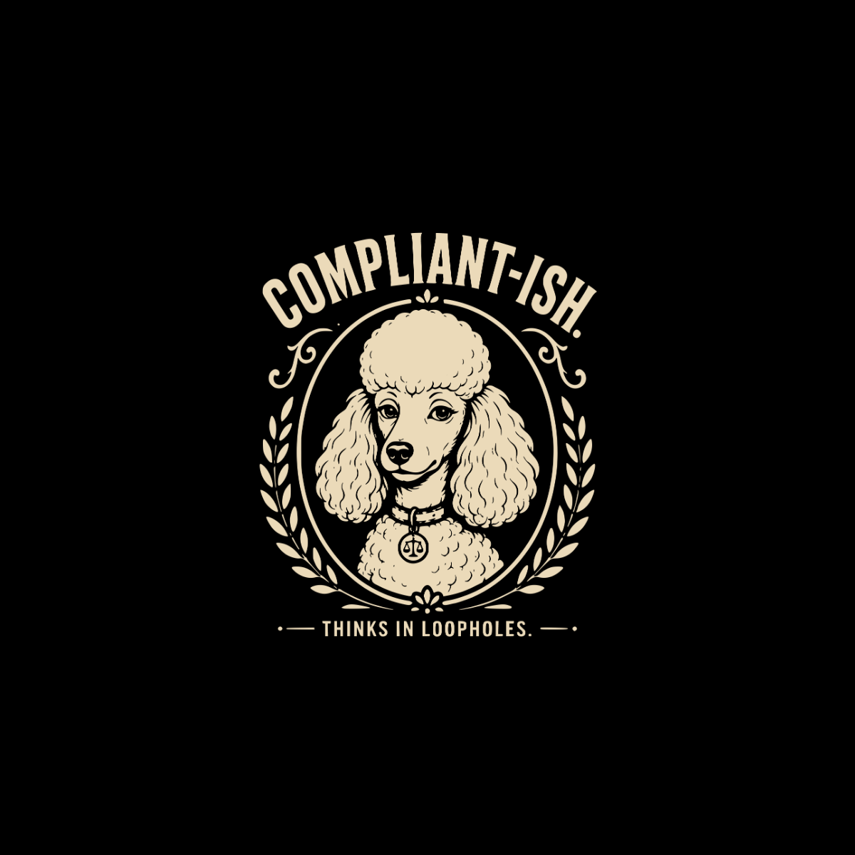Poodle wearing scales of justice pendant with text "COMPLIANT-ISH. THINKS IN LOOPHOLES."