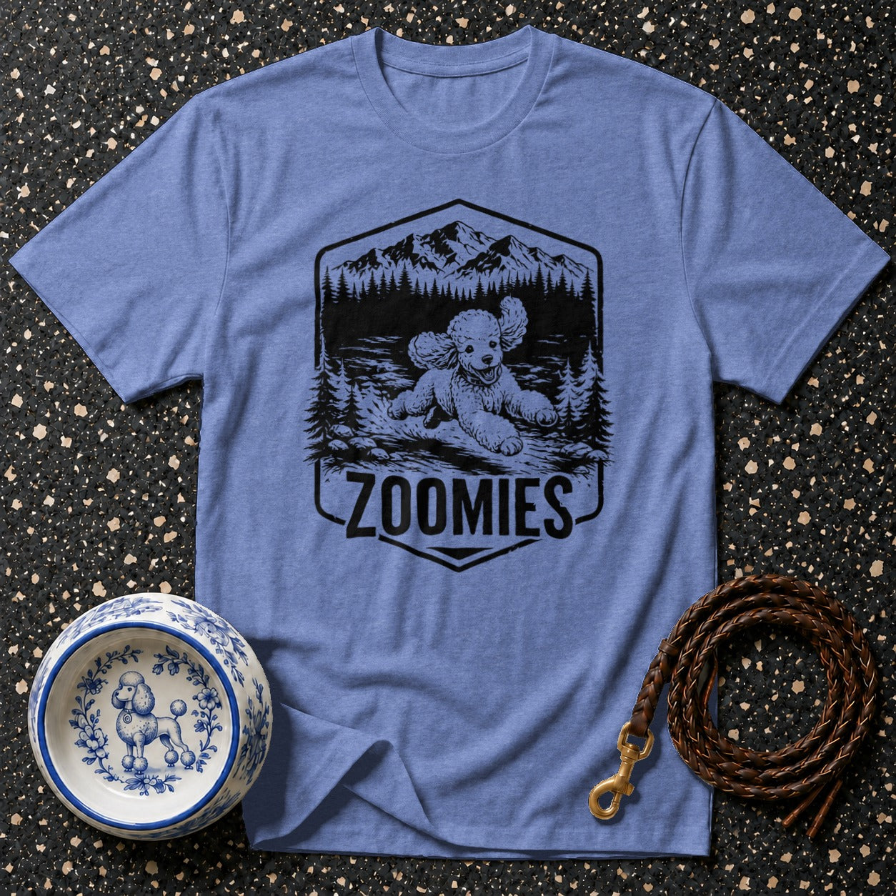 Blue t-shirt with running poodle graphic and "Zoomies" text.