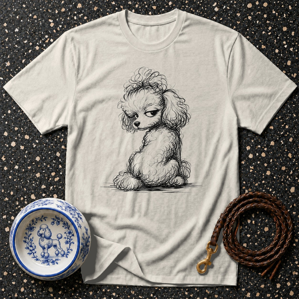 Light grey t-shirt with a black sketched poodle design, dog bowl, and leash.