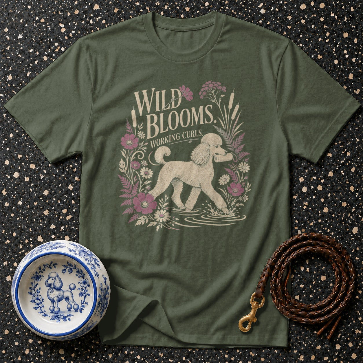 Green t-shirt with "Wild Blooms Working Curls" text and a poodle.