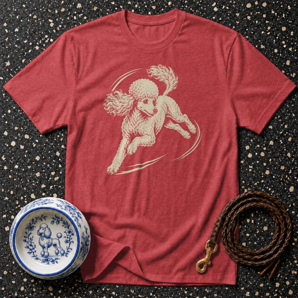 Red t-shirt with a cream-colored poodle graphic, dog bowl, and leather leash.