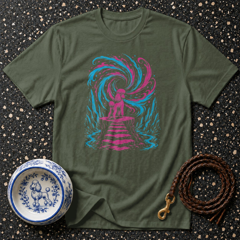 Green t-shirt with poodle graphic and ornate dog bowl.