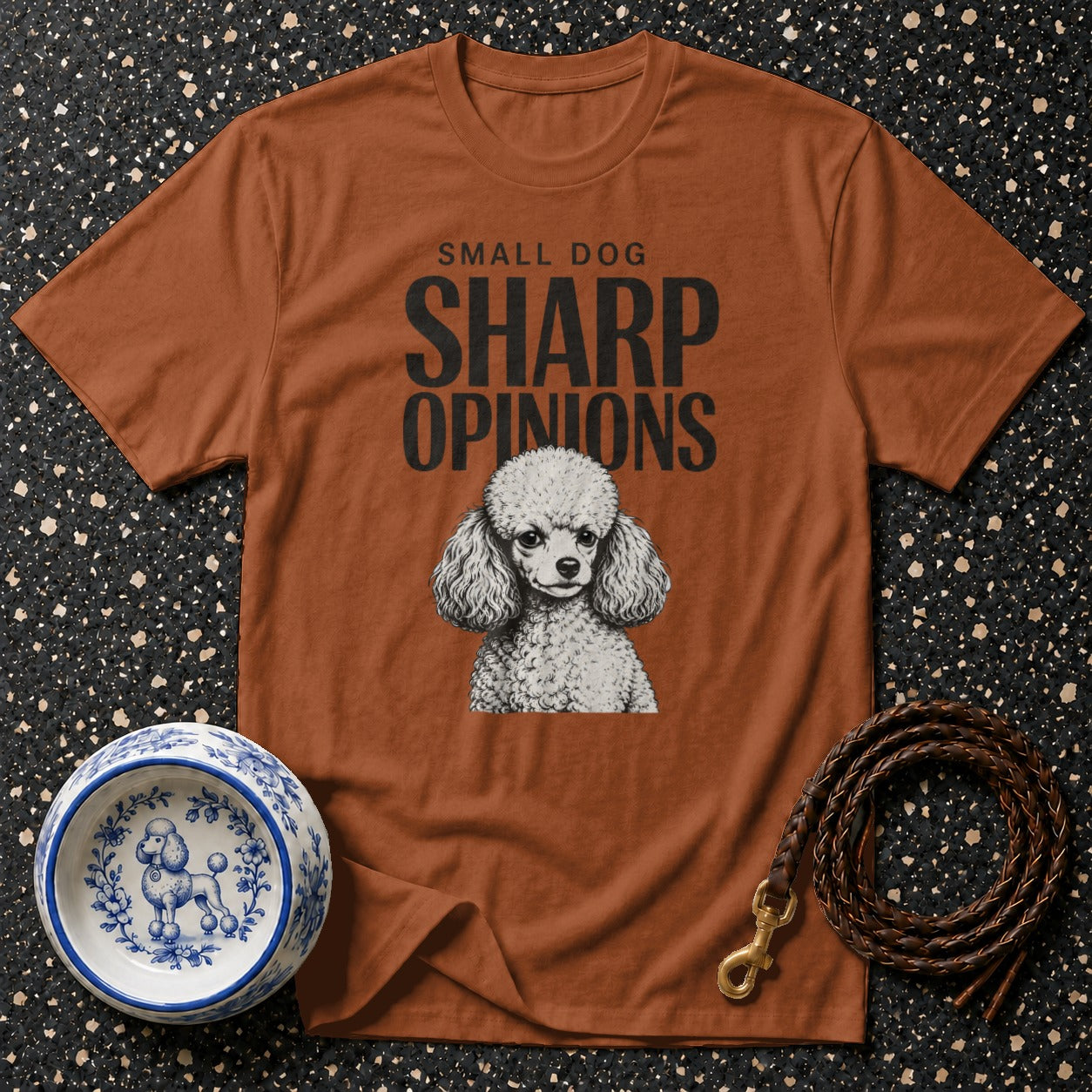 Brown t-shirt with poodle graphic and text "SMALL DOG SHARP OPINIONS".